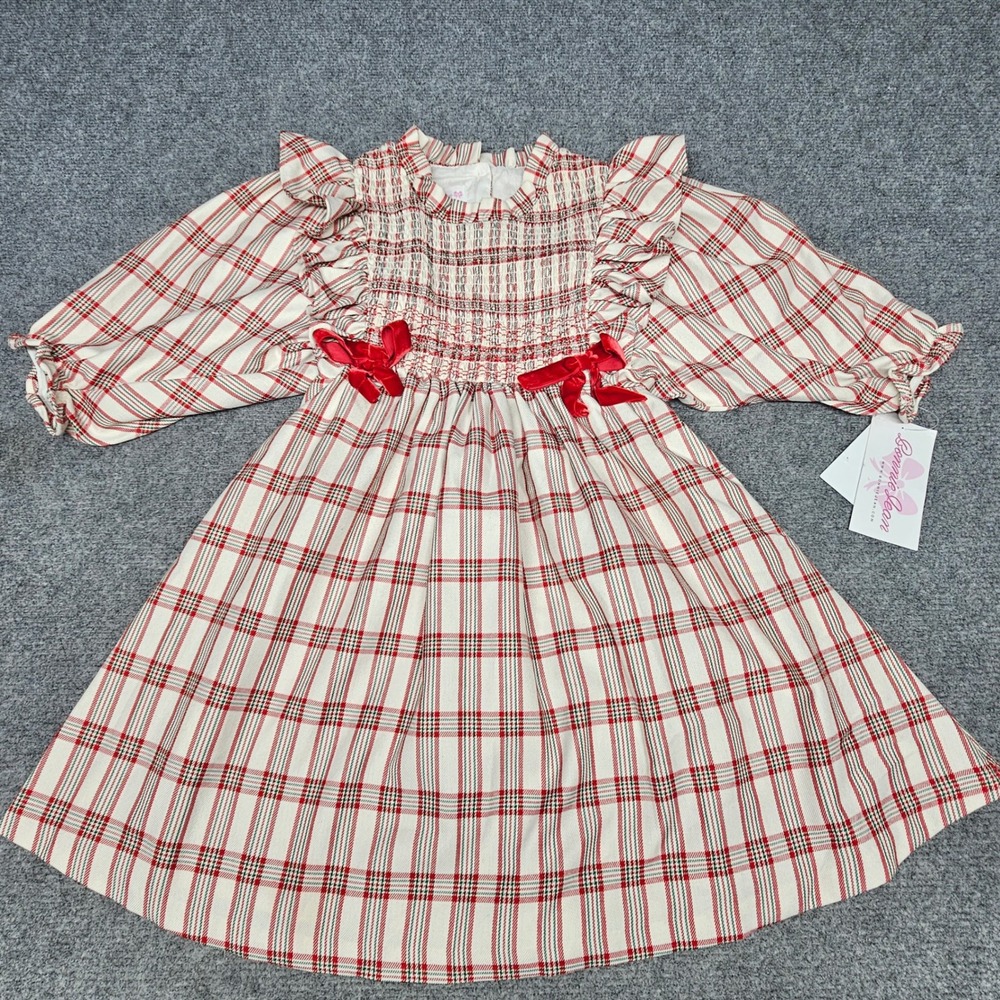 Bonnie Jean Dress Girls Size 6 Red Plaid Smocked Christmas Holiday Ruffle